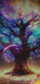 Vibrant fantasy tree with mystical colors and artistic design.