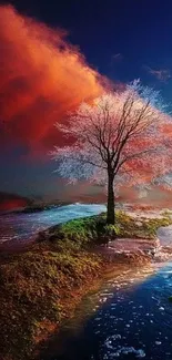 Surreal landscape wallpaper with vibrant colors and lone tree.