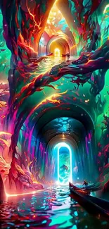 Vibrant fantasy tunnel artwork with colorful lighting effects.