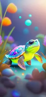 Colorful fantasy turtle surrounded by vibrant aquatic plants.