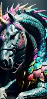 Vibrant unicorn with colorful scales in a mystical fantasy art scene.