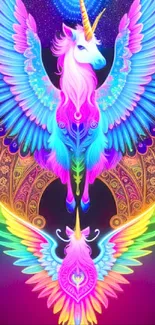 Vibrant neon unicorn with wings in fantasy design.