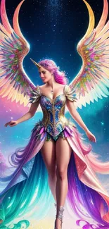 Fantasy princess with unicorn and rainbow wings in a mystical landscape.