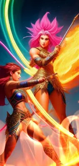 Vibrant fantasy warriors with colorful energy swords in dynamic action.