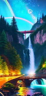 Colorful fantasy landscape with waterfall, trees, and rainbows at night.