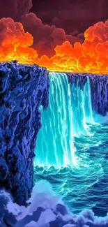 Vibrant fantasy waterfall with colorful clouds.