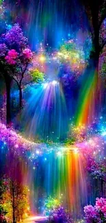 Vibrant fantasy scene with waterfall and rainbow colors.