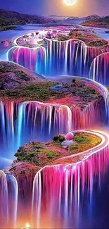 Vibrant, colorful waterfalls in a fantasy landscape under a full moon.