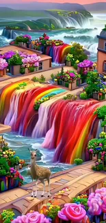 Colorful fantasy landscape with waterfalls and flowers.