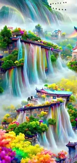 A fantastical village with colorful waterfalls cascading down.