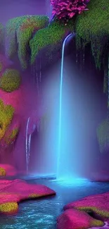 Vibrant fantasy waterfall with colorful foliage.