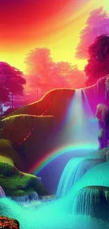 Vibrant fantasy waterfall with a colorful, surreal landscape as mobile wallpaper.