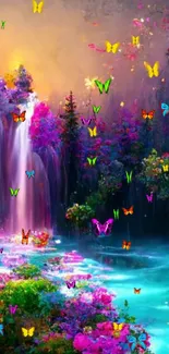 Vibrant fantasy landscape with waterfall and colorful flowers.