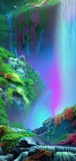 Vibrant fantasy waterfall with lush greenery for mobile wallpaper.