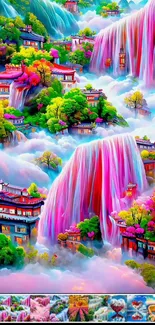 Vibrant fantasy landscape with waterfalls and colorful flora.