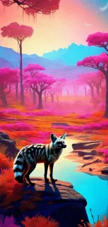 Fantasy wilderness wallpaper with pink trees and a serene stream.