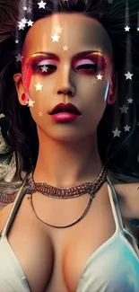 Artistic fantasy woman with tattoos and bold makeup as mobile wallpaper.