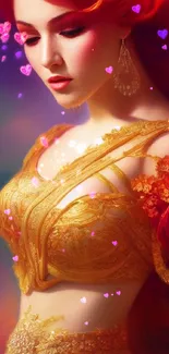 Fantasy woman in golden attire with red roses and vibrant background.