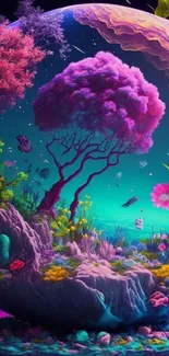 Vibrant fantasy world with neon trees and surreal elements.