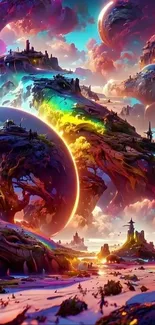 Vibrant fantasy world with floating islands and mystical landscapes in vivid colors.