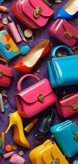 Vibrant display of colorful handbags and shoes on a purple background.