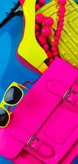 Colorful fashion accessories on a blue background wallpaper.