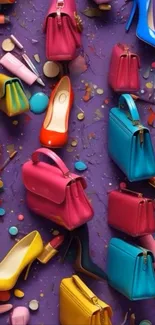 Colorful arrangement of fashion accessories on a purple background.