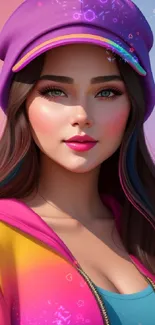 Vibrant mobile wallpaper of a woman in colorful fashion with a purple hat.