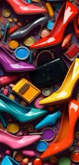 Vibrant mobile wallpaper with colorful high heels and cosmetics.