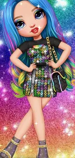 Fashion doll with rainbow hair on a vibrant starry background.