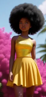 Vibrant fashion wallpaper with a stylish person in a yellow dress set in lush nature.