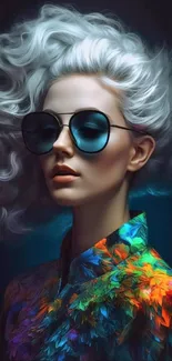 Stylish woman with vibrant fashion and oversized sunglasses.