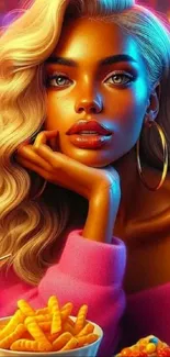 Portrait of a stylish woman with blonde hair and vibrant colors.