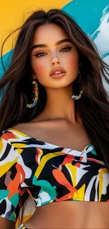 Colorful portrait of a woman against a vibrant abstract background.