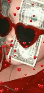 Red themed wallpaper with romantic sunglasses and dollar bills.