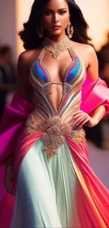 Model in colorful gown at fashion show runway.