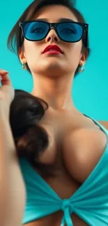 Woman in sunglasses with turquoise background