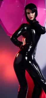 Model in black latex with vibrant pink umbrella.