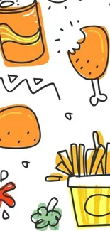 Colorful doodle fast food wallpaper with fries, soda, and chicken.