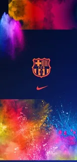 Vibrant FC Barcelona phone wallpaper with colorful splashes and club logo.