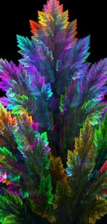 Vibrant feather-like abstract art on a dark background.