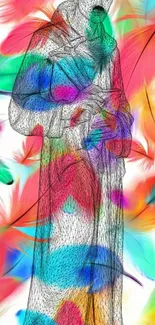 Colorful feather and wireframe statue art wallpaper.