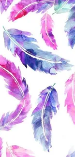 Vibrant watercolor feather art wallpaper in purple and blue shades.