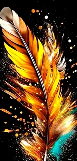 Vibrant gold feather on black background with artistic accents.