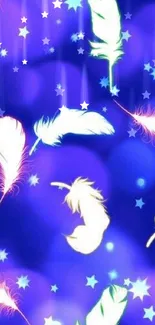 Colorful feathers and stars on a deep blue background wallpaper.