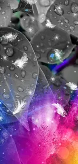 Colorful feathers on leaves with water droplets and vibrant hues.