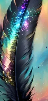 Colorful feather with sparkles on a teal background.