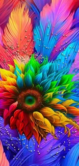 Vibrant rainbow feather flower mobile wallpaper.