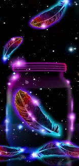 Vibrant galaxy art with glowing feathers in a jar against a starry background.