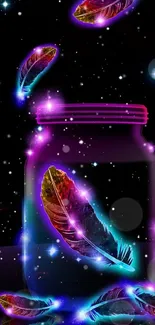 Neon feathers glowing in a jar against a starry background.